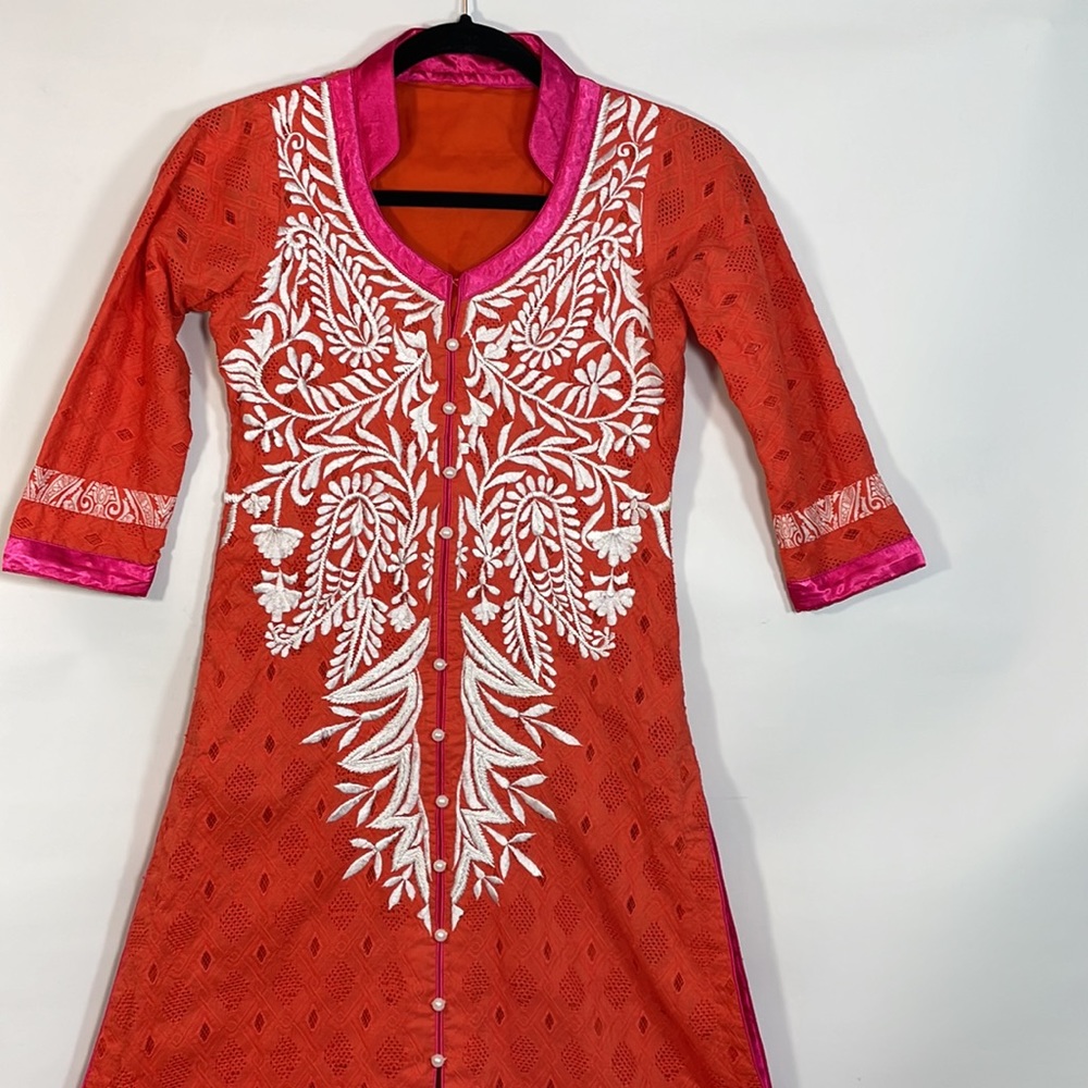 Authentic Indian long dress kameez size XS orange & Pink Embroidered Front Slit